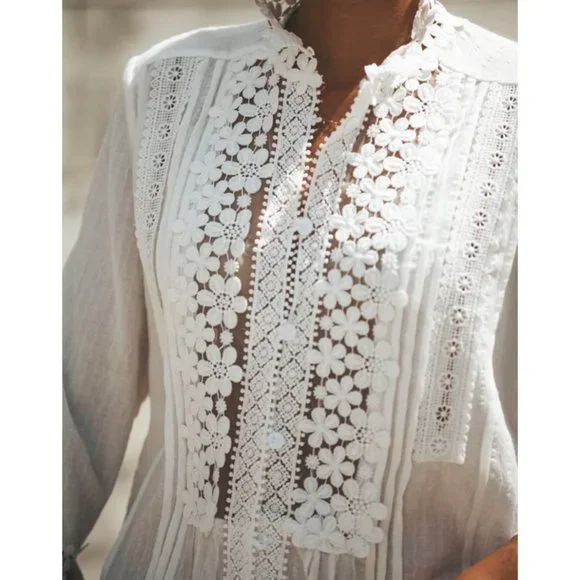 Boho White Crochet Lace Cut Out Button Up V-Neck 3/4 Sleeve Top Blouse - Picture 2 of 9